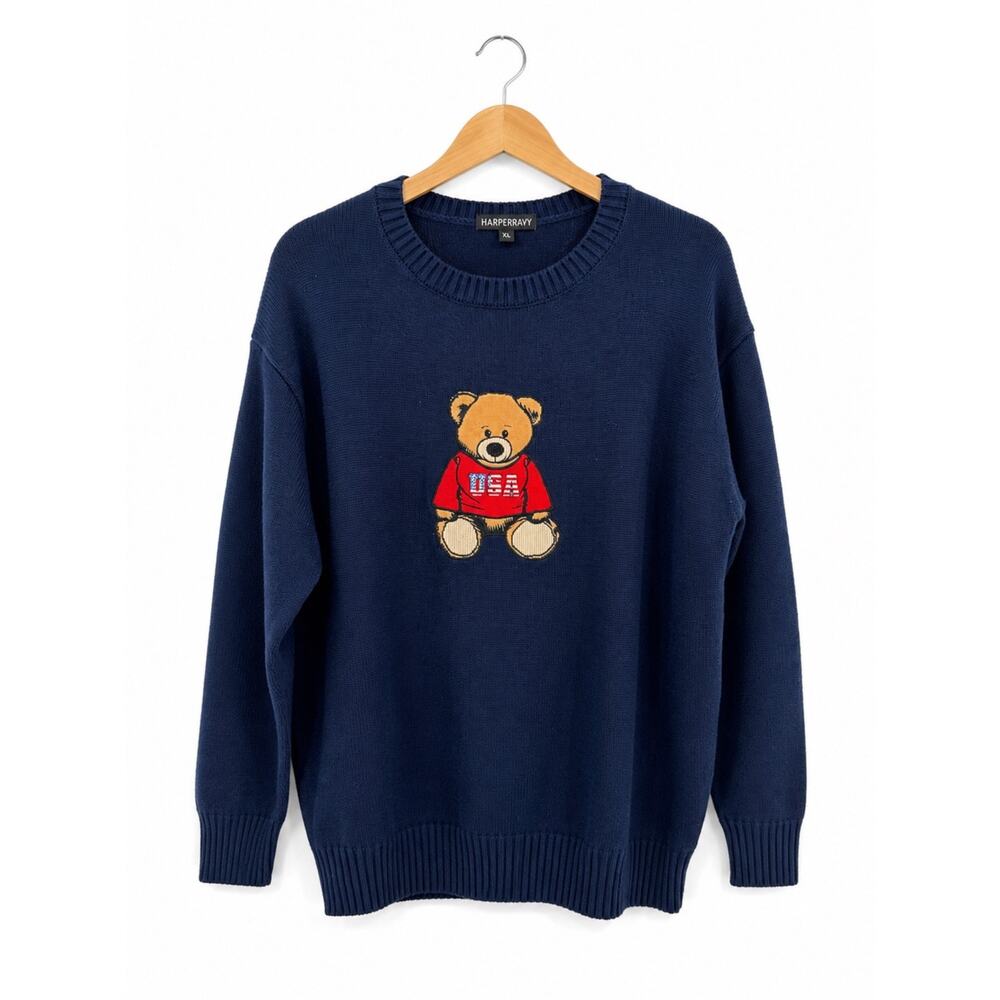 Harper & Ivy Women's Small Teddy Bear USA Sweater Navy Blue Relaxed Knit Crew
